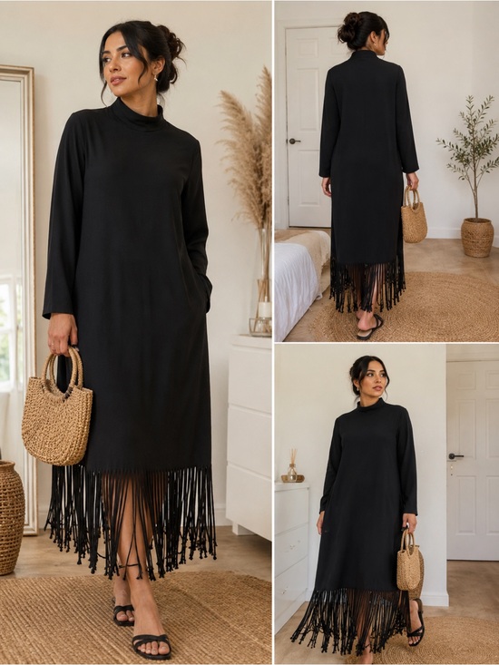 Dresses & Skirts - Elegant Black Fringe Maxi Dress – Summer Chic